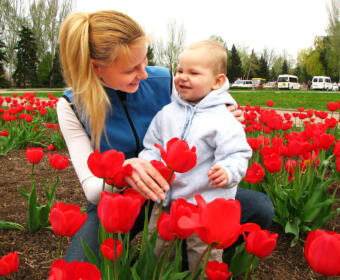 Woman with young child with red Tulips