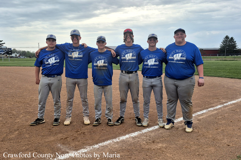 Six young baseball players in blue jerseys with their arms around each other, posing on a dirt infield with a grassy outfield and cloudy sky in the background.
