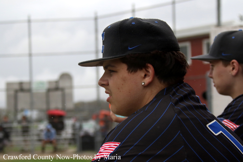 Baseball player in profile wearing a black cap and blue pinstripe jersey during a game.