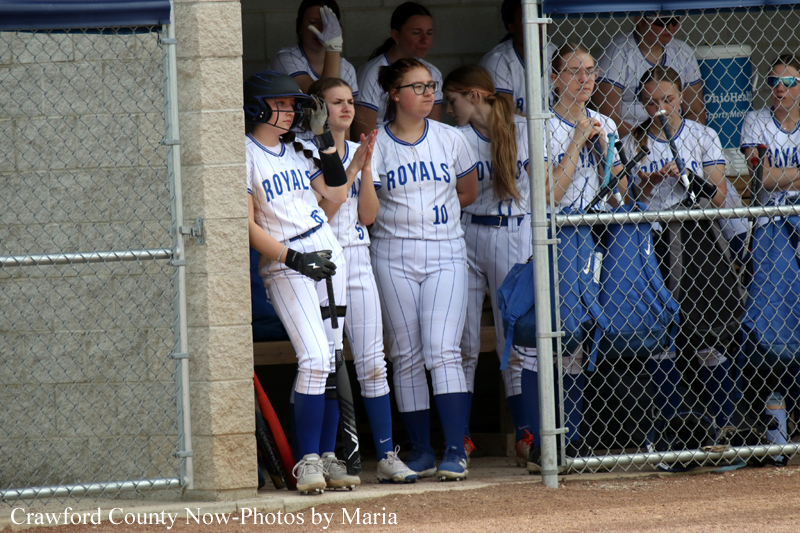 Girls in white and blue Royals softball uniforms stand in a dugout behind a chain-link fence, one holding a bat and others watching or clapping as teammates prepare to play.",