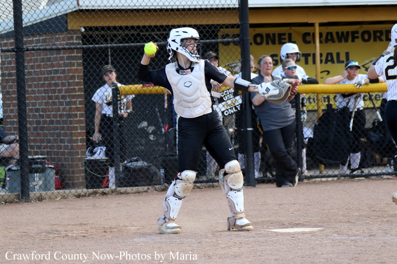 Female softball catcher in full protective gear swinging a bat at home plate during a game, with teammates and spectators in the background behind the fence.
