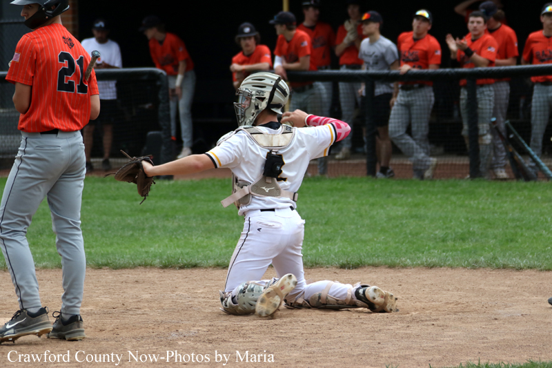 Young baseball catcher in white gear kneels on the dirt with arms outstretched, celebrating a play as teammates watch from the dugout in the background.