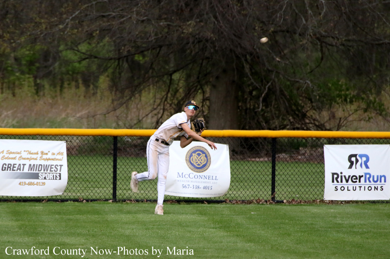 Baseball pitcher in a white uniform throwing a pitch on a grass field with sponsor banners along the outfield fence.