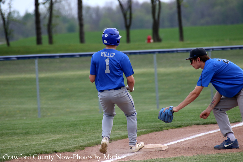 Baseball scene: a blue-jersey runner labeled Miller #1 stands on a base while a teammate in blue reaches with a glove nearby.