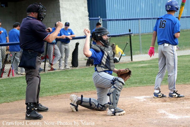 Youth baseball catcher kneels at home plate in blue gear, fist raised in celebration; batter in blue stands nearby as umpire watches behind them.