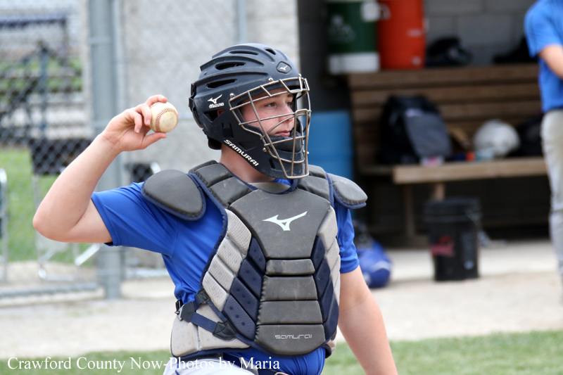 Baseball catcher in blue uniform, helmet and chest protector, preparing to throw a ball on a practice field.