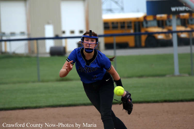 Female softball pitcher in a blue uniform throwing a pitch on a dirt infield, with a school bus in the background.
