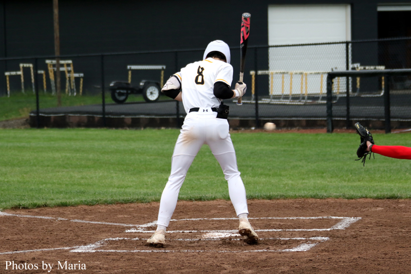 Baseball batter in a white uniform with number 8 stands at home plate, gripping a pink bat and ready to swing, seen from behind.
