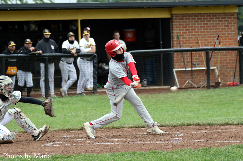 Baseball batter in gray and red swings at a pitch while the catcher crouches behind home plate and teammates watch from the dugout in the background.