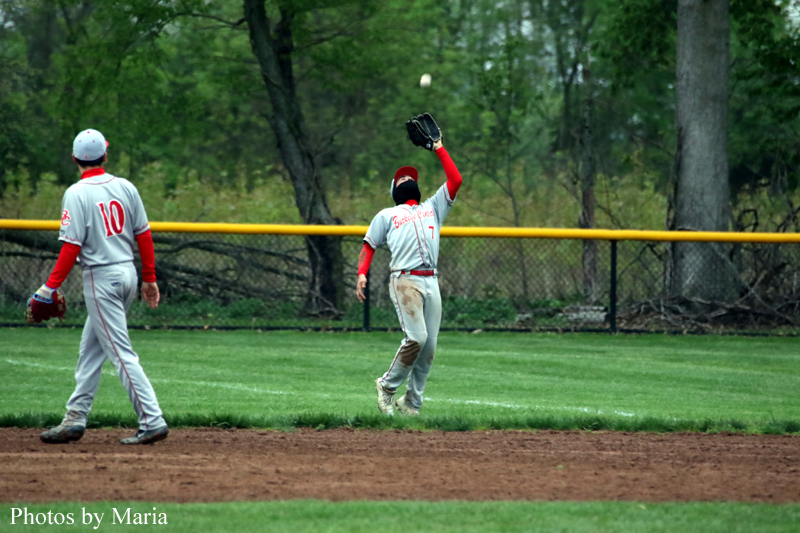 Two baseball players in gray and red uniforms on a grassy field; one leaps with glove raised to catch a ball as a second player stands nearby in the outfield fence.