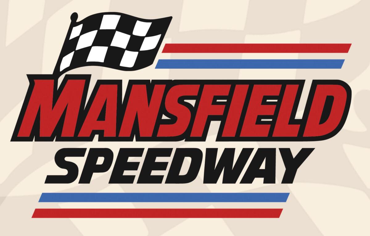 Retro-style poster featuring a waving black-and-white checkered flag, red and blue racing stripes, and large red text reading '... Speedway' on a beige background.