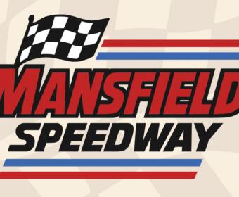Retro-style poster featuring a waving black-and-white checkered flag, red and blue racing stripes, and large red text reading '... Speedway' on a beige background.