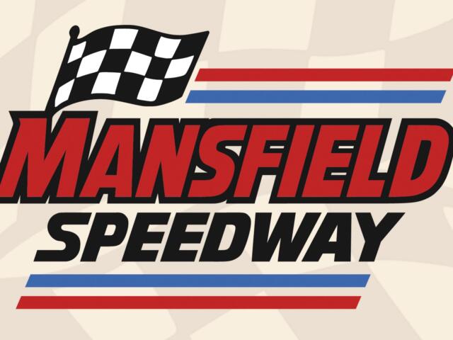 Retro-style poster featuring a waving black-and-white checkered flag, red and blue racing stripes, and large red text reading '... Speedway' on a beige background.