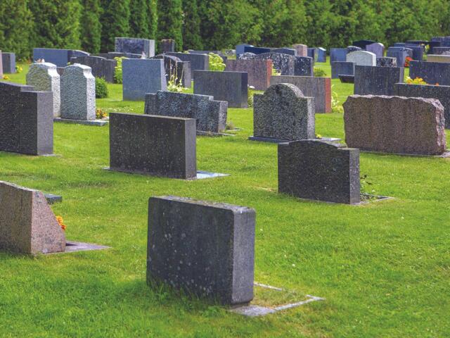 Grassy cemetery with numerous gray and brown tombstones arranged in rows beyond a green lawn.