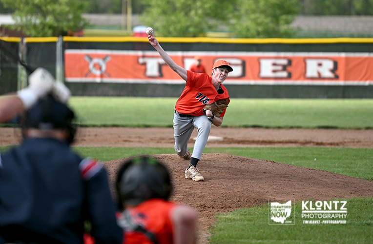 Young baseball pitcher in orange uniform throws from the mound as a catcher watches; a red 'TIGERS' banner on the outfield wall.