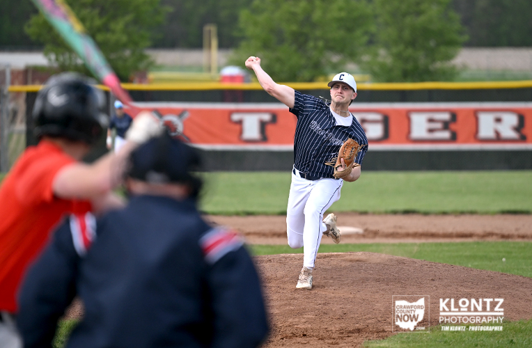 Baseball pitcher in a navy uniform mid-pitch on the mound, with a blurred catcher and batter in the foreground and a Tigers banner in the background.