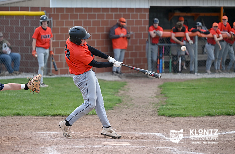 Batter in a red jersey swings at a pitched ball during a youth baseball game; catcher on the left and teammates watching from the dugout in the background.