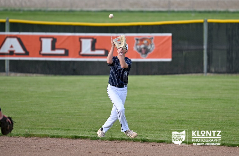 Young baseball player in a navy pinstripe jersey raises a glove to catch a ball mid‑air on a grassy field, with an orange banner in the background.