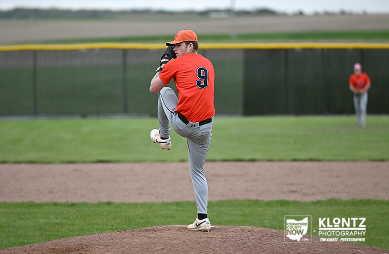 Right-handed baseball pitcher in an orange uniform (number 9) delivering a pitch from the mound on a grassy field.
