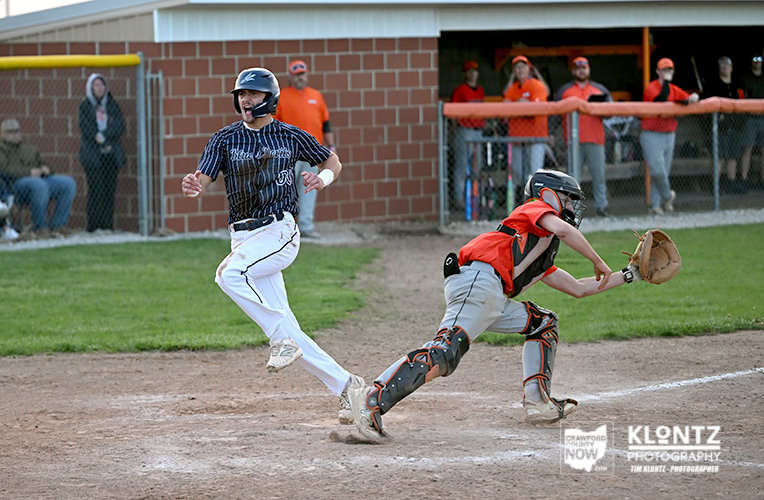 Baseball game: runner in a blue pinstripe jersey sprints toward a base while the catcher in red gear lunges with a glove at the plate,