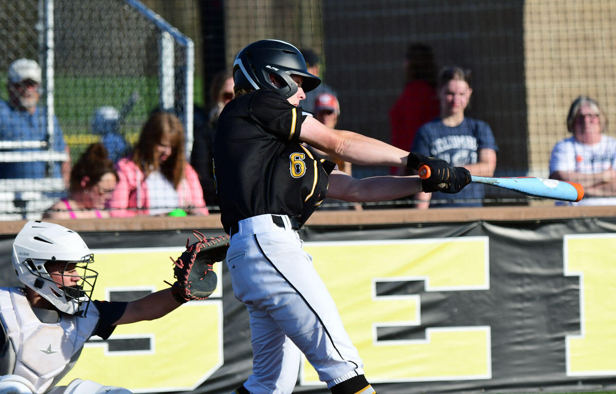 Softball batter in black and yellow swings at a pitch as the catcher in white gear prepares behind him; spectators watch from the stands.