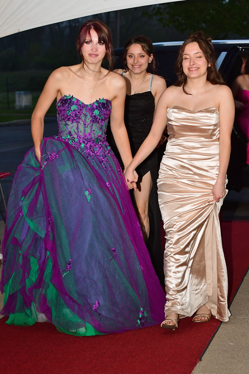 Three young women in evening gowns pose on a red carpet; the leftmost wears a purple and green ball gown, the middle in a black dress, and the right in a champagne satin gown.
