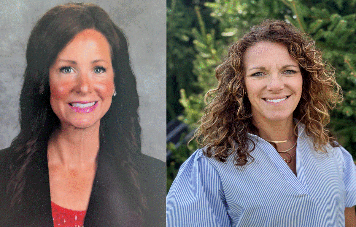 Left: woman with long dark hair in a blazer, formal studio headshot; right: woman with curly light-brown hair in a blue striped blouse outdoors, both smiling.