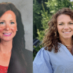 Left: woman with long dark hair in a blazer, formal studio headshot; right: woman with curly light-brown hair in a blue striped blouse outdoors, both smiling.