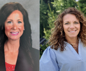 Left: woman with long dark hair in a blazer, formal studio headshot; right: woman with curly light-brown hair in a blue striped blouse outdoors, both smiling.