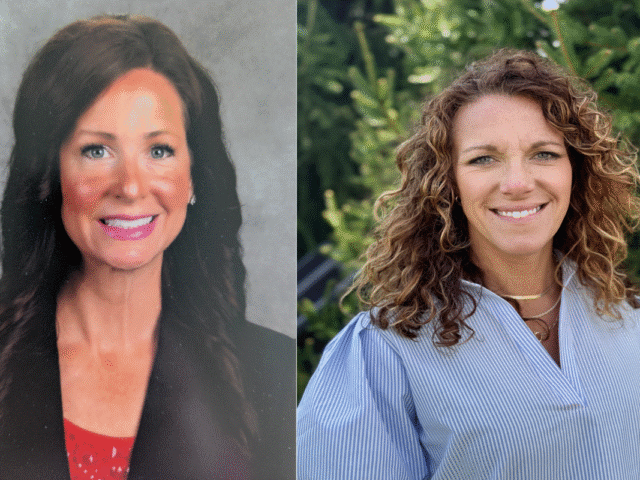 Left: woman with long dark hair in a blazer, formal studio headshot; right: woman with curly light-brown hair in a blue striped blouse outdoors, both smiling.