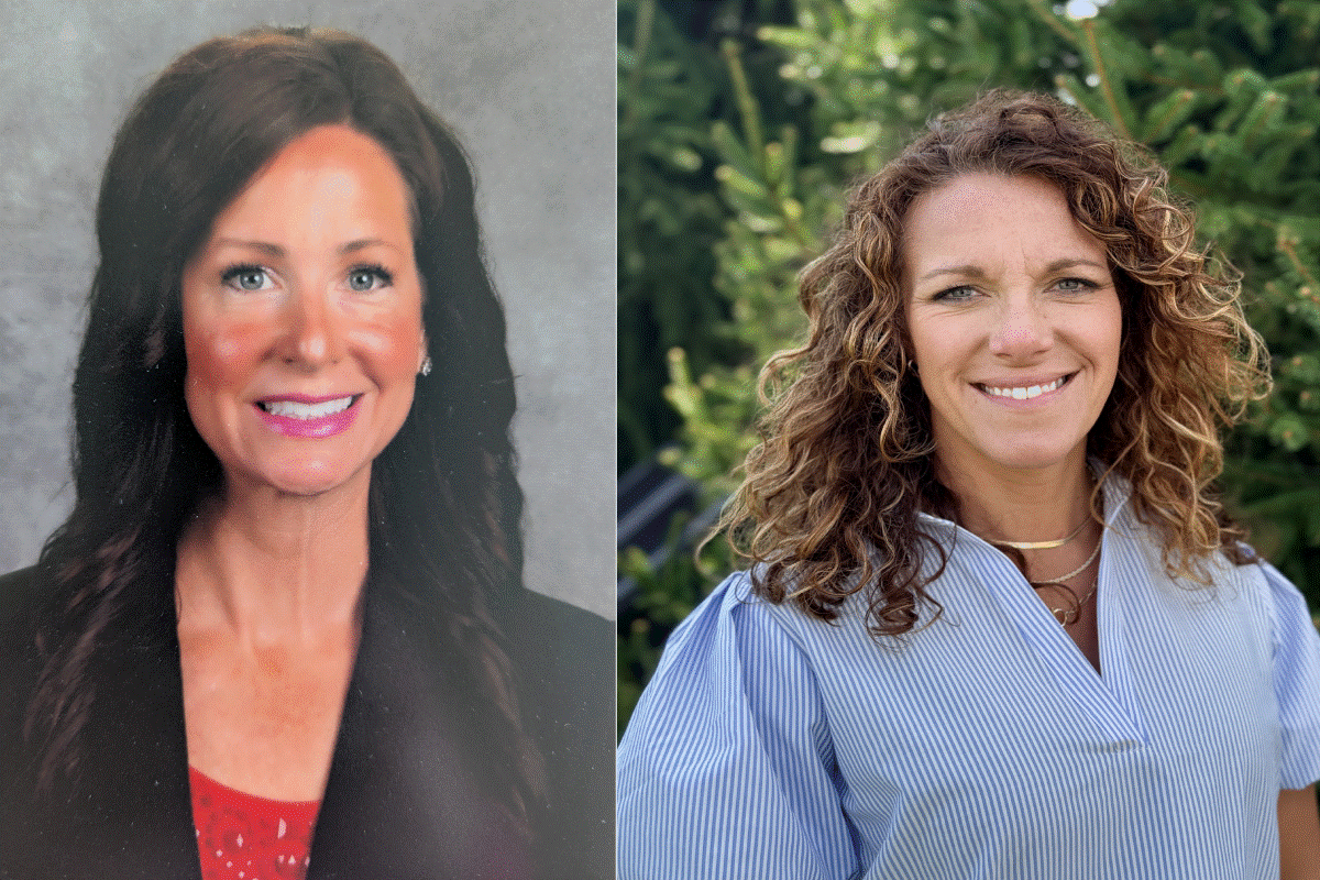 Left: woman with long dark hair in a blazer, formal studio headshot; right: woman with curly light-brown hair in a blue striped blouse outdoors, both smiling.