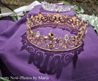 Gold ornate crown with jewels rests on purple fabric, casting a decorative shadow.