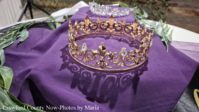 Gold ornate crown with jewels rests on purple fabric, casting a decorative shadow.