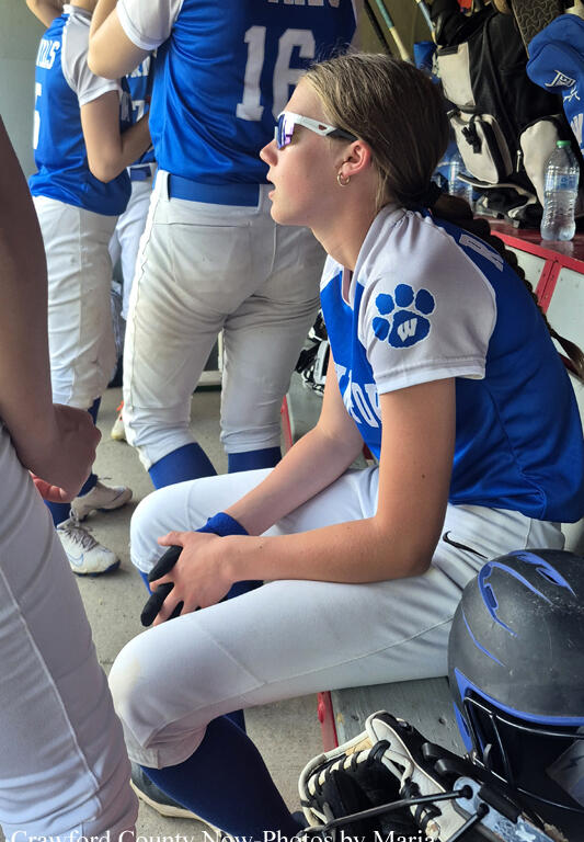 Seated female softball player in blue-and-white uniform with paw print sleeve sits in the dugout, wearing sunglasses, with teammates standing near her.