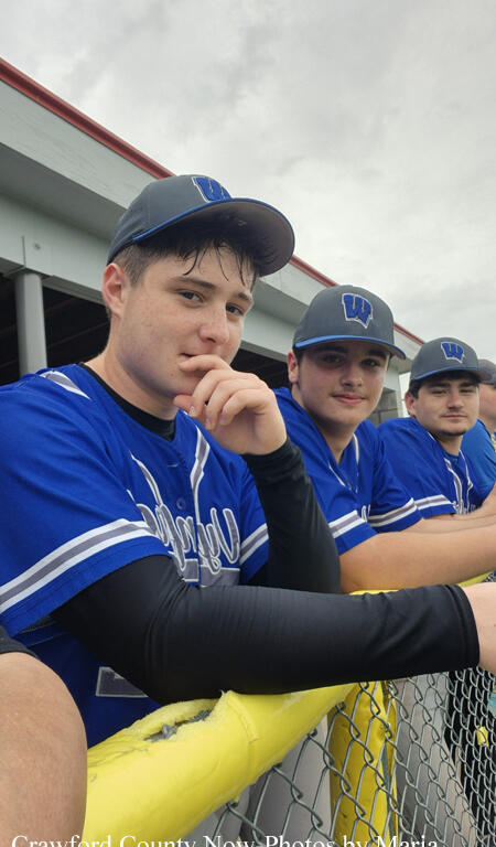 Three young baseball players in blue uniforms and gray caps lean on a yellow railing at a dugout, posing for a photo with a cloudy sky in the background.