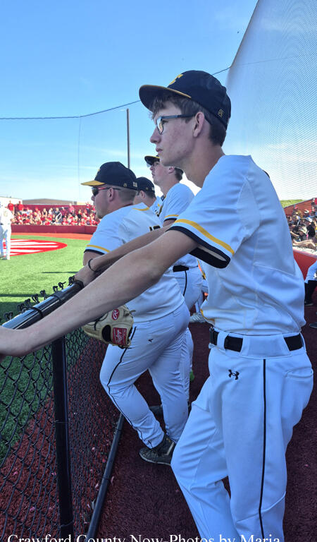 Baseball players in white uniforms with black and yellow trim lean on a fence and watch a game on a sunny day.