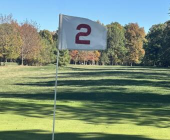 Flag marking hole number 2 on a sunny golf course with green grass and trees in the distance.