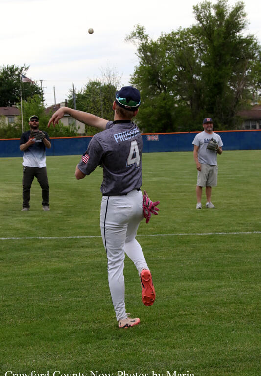 Baseball pitcher in a gray uniform with number 4 mid-pitch on a grassy field as two teammates watch in the background.