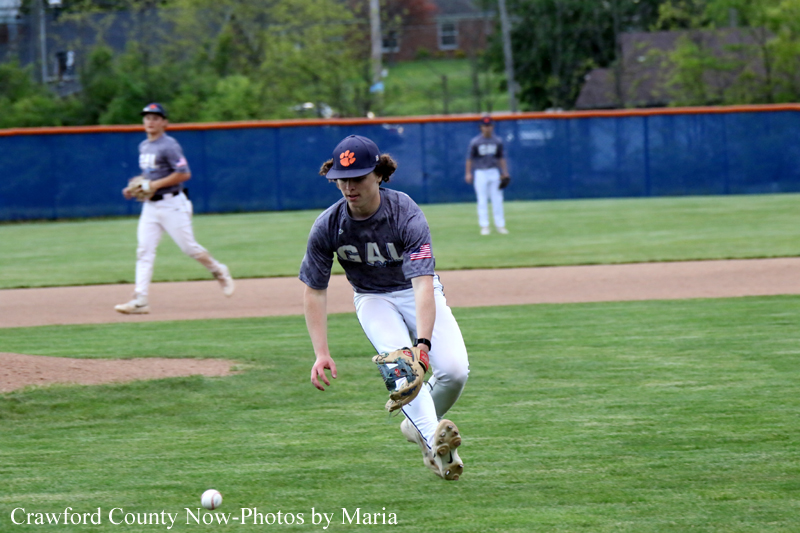 Baseball infielder dives to field a ground ball on a grassy infield, glove ready, gray jersey and white pants, with outfield fence in background.