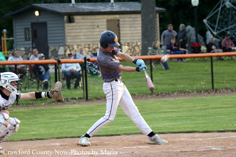 Young baseball player in a gray shirt and white pants swings a bat at home plate while the catcher, wearing white gear, crouches behind him; spectators and a chain-link fence line the background.