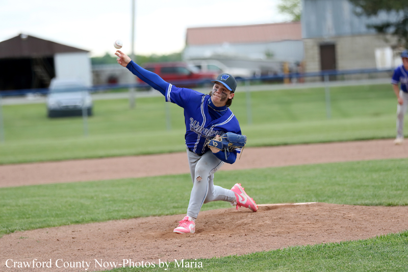 Young baseball pitcher in a blue uniform winds up on the mound and throws a pitch during a game at a grassy field.