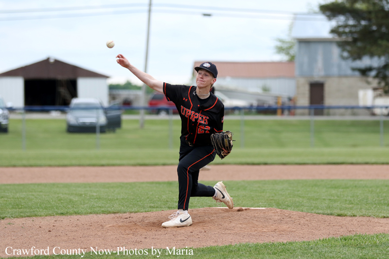 Baseball pitcher in a black uniform delivering a pitch from the mound on a sunny field