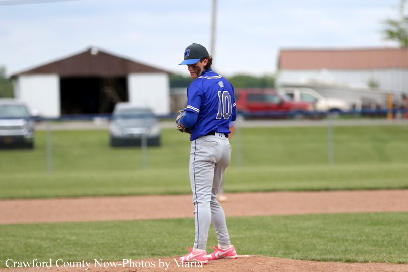 Baseball pitcher in a blue jersey with number 10 on the mound, looking over his shoulder.