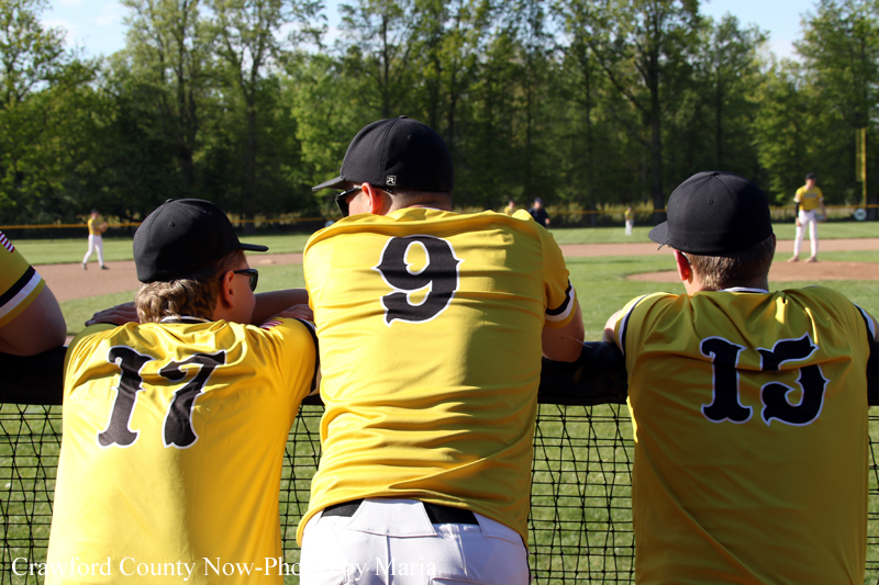 Three baseball players in yellow jerseys with numbers 17, 9, and 13 lean on a chain-link fence watching a game.