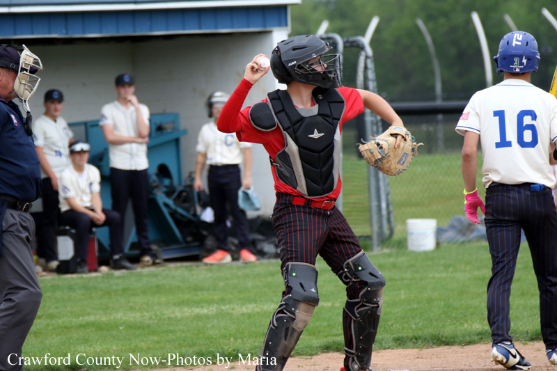 Young baseball catcher in red and black protective gear mid-throw on a grassy field, with teammates and dugout in the background.