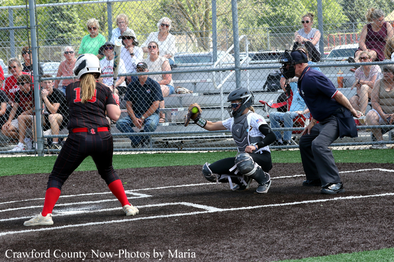 Batter in black and red at home plate faces the catcher in protective gear, with an umpire nearby and spectators watching from behind a chain-link fence.