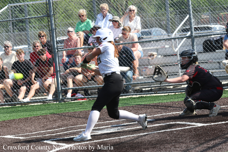 Female softball batter in a white uniform swings at a pitch as the catcher in black gear crouches behind home plate; spectators watch from the bleachers behind a chain-link fence.