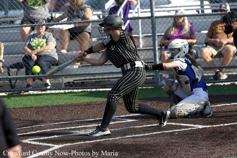 Female softball batter in a black pinstripe uniform swings at a pitch while the catcher crouches behind in blue and white gear.