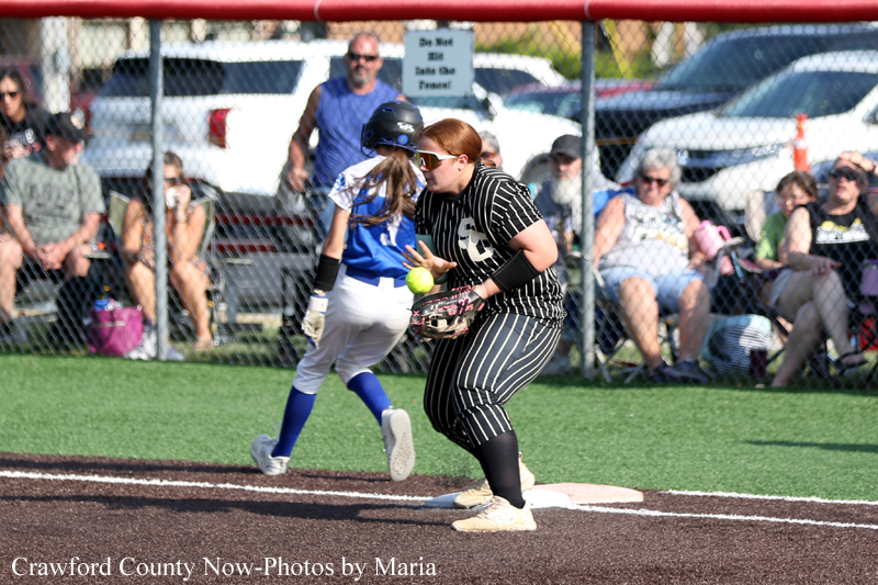 Softball catcher in black-and-white stripes crouches at home plate to field a pitch as a blue-jersey runner approaches; spectators watch behind a chain-link fence.