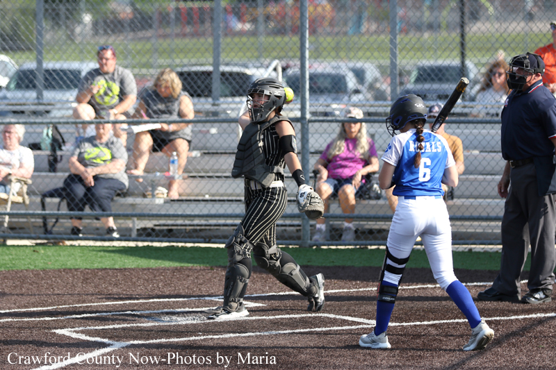 Catcher in black protective gear walks near home plate as a batter in a blue jersey stands ready on a softball field, with spectators behind a chain-link fence.